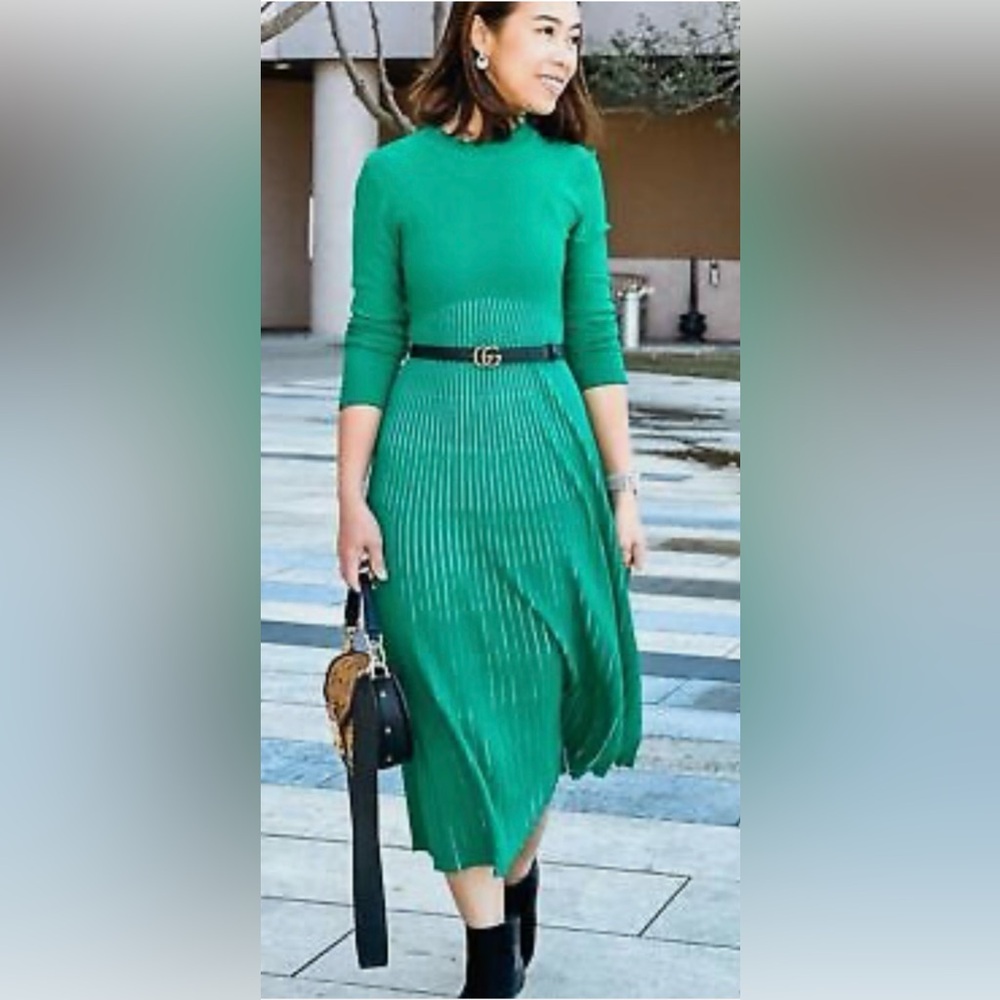 Zara Green Pleated Midi Dress, Size Medium